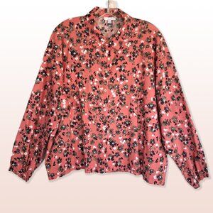 Johnny Was Calme Boxy Cotton Button-Down Coral Floral Blouse Collar Elastic Sz M